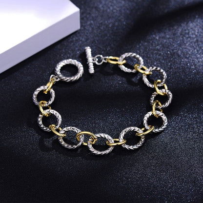 Link Bracelet Two Tone Circles Chain Silver and Gold Wire Cable Bangle Designer