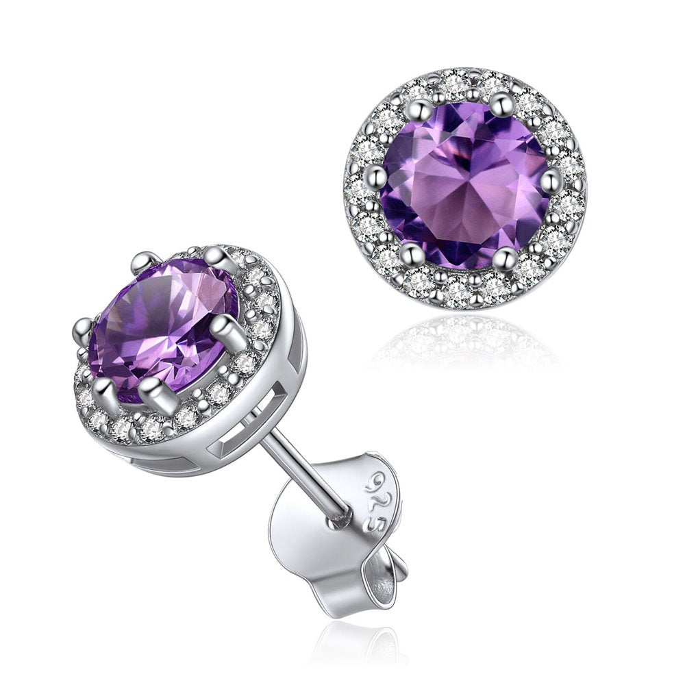 Birthstone Stud Earrings 925 Sterling Silver with Cubic Zirconia Crystal - Febru
