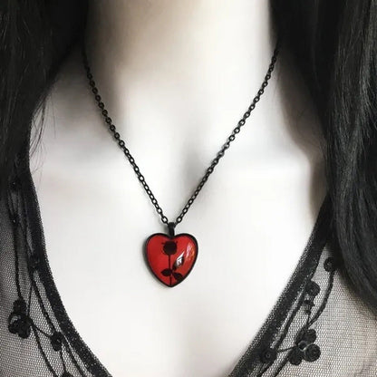 Black Rose Necklace, Red Heart Pendant, Glass Cameo Necklace, Gothic Victorian,