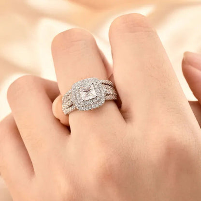 Newshe 925 Sterling Silver Halo Cross Cut Princess Cubic Zirconia Wedding Ring S