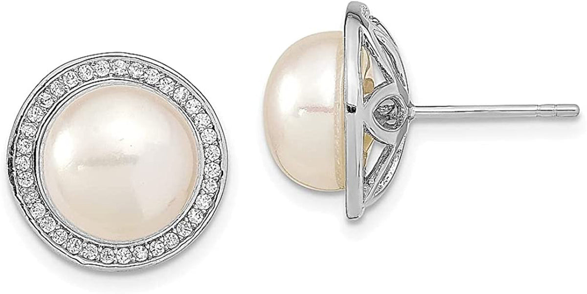925 Sterling Silver 11Mm Button Freshwater Cultured Pearl Cubic Zirconia Cz Post