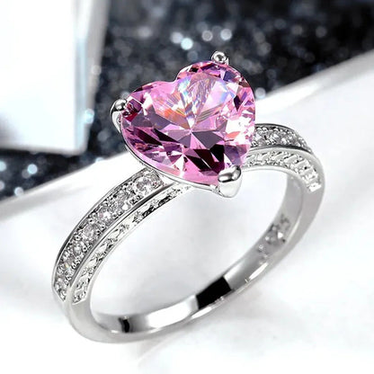 Luxury Solitaire Women Heart Diamond Engagement Rings AAAA Pink Sapphire Proposa