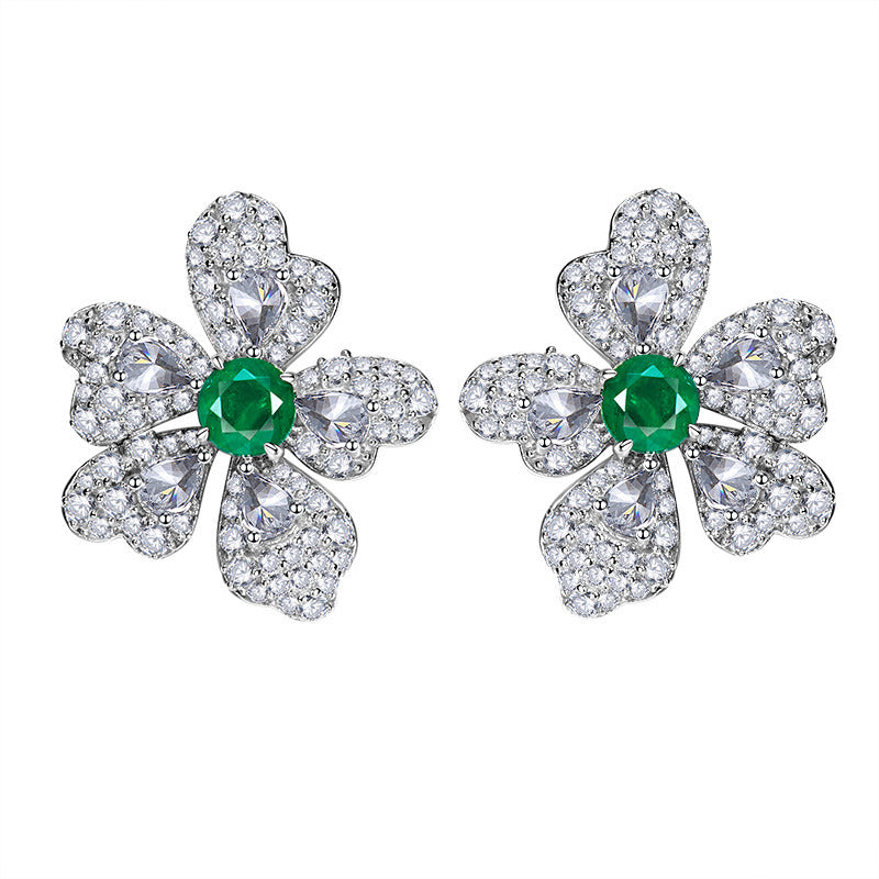 Artificial Emerald Flower Earrings 925 Silver Plated