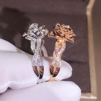 925 Silver Ring Plated Rose Gold Ring Rose Woman Wedding Ring Statement Crown Ri