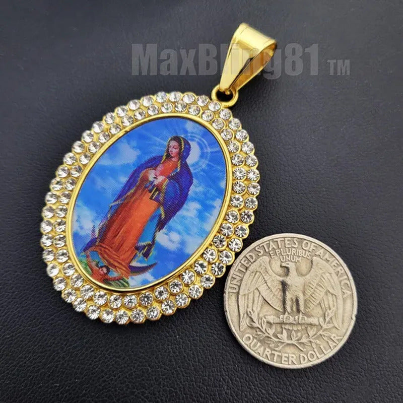 Stainless Steel Simulated Diamond Icy Gold Plated Mother of Mary Oval Pendant