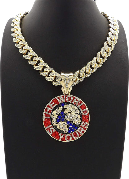 Hip Hop the World Is Yours Pendant & 12Mm 18" Full Iced Box Lock Cuban Chain Nec