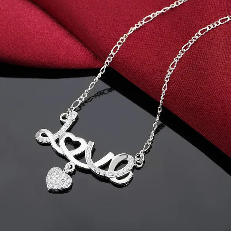 Pretty Women'S 925 Sterling Silver Heart Beautiful LOVE Pendant Diamonds Necklac