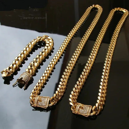 24K Gold 316L Stainless Steel Miami Cuban Link Chain with Heavy Duty Diamond Cla