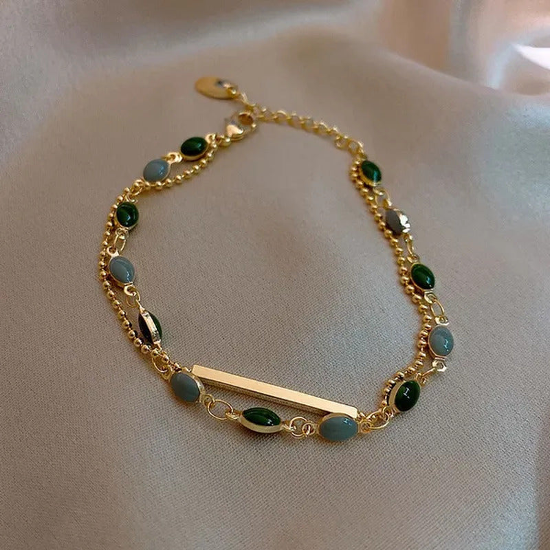 Blue Green Color Crystal Charm Bracelets for Women Gold Color Beaded Chain Doubl