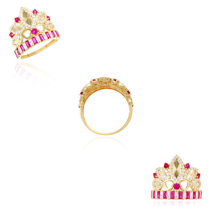 14K Yellow Gold 1.75CTW Simulated Diamond &Amp; Ruby Royal Crown Heart Cocktail