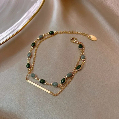 Blue Green Color Crystal Charm Bracelets for Women Gold Color Beaded Chain Doubl
