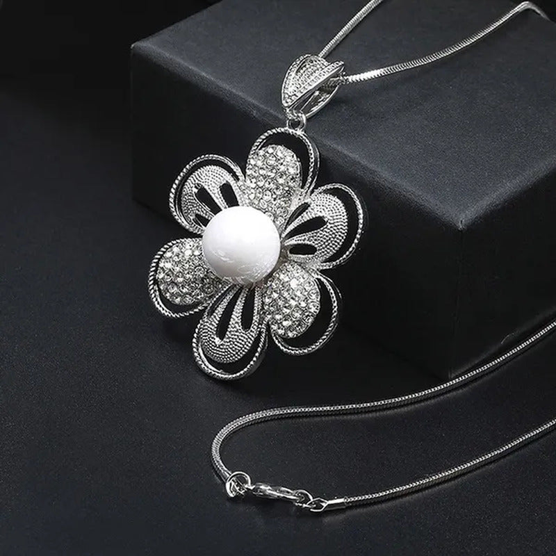 Fashion All-Match Dress Diamond Large Flower Highlight Pearl Sweater Chain Long