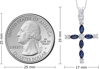 Marquise Cut Simulated Blue Sapphire White Diamond Cross Pendant Necklace in 10K