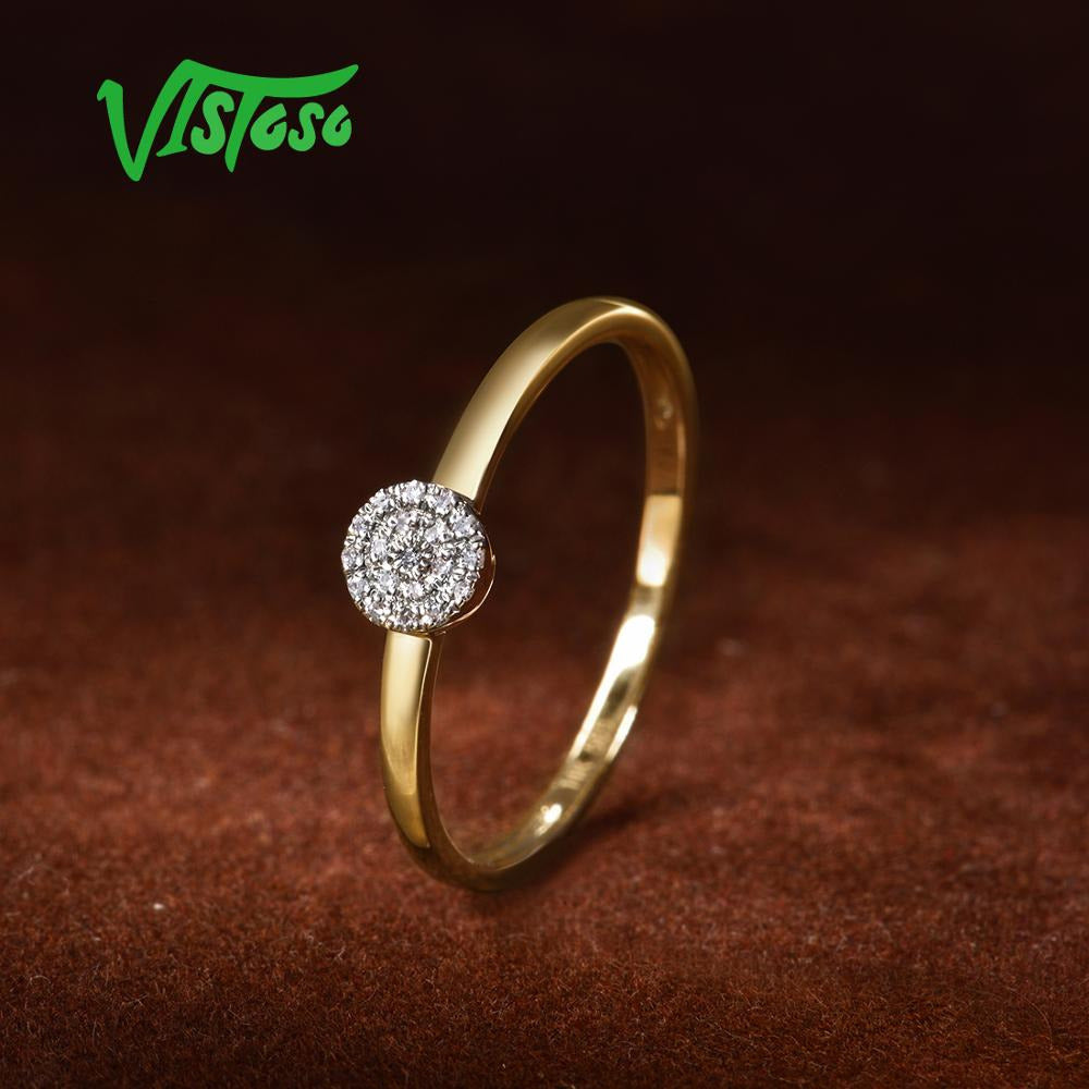 Pure 14K 585 Yellow Gold Sparkling Diamond Dainty round Cirle Ring for Women