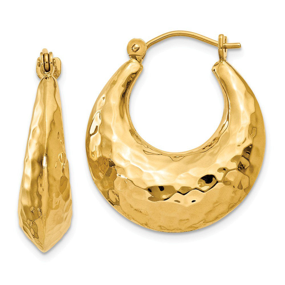 14K Yellow Gold Hammered Fancy Hollow Hoop Earrings (11Mm X 6Mm)