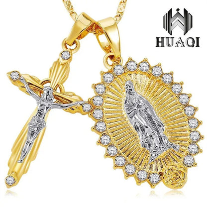 New Fashion18K Gold Plated Setting CZ Diamond Virgin Mary Necklace + Cross Neckl