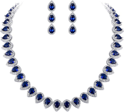 Women'S Silver-Tone Full Prong Cubic Zirconia Teardrop Bridal Necklace Earrings