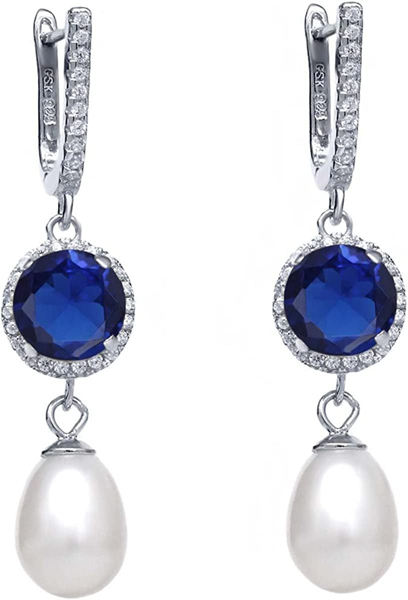 925 Sterling Silver 8MM round Simulated Sapphire and 11X8MM Cultured Freshwater