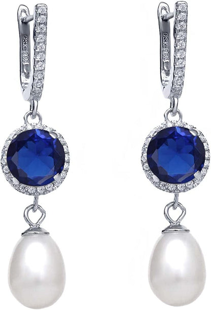 925 Sterling Silver 8MM round Simulated Sapphire and 11X8MM Cultured Freshwater