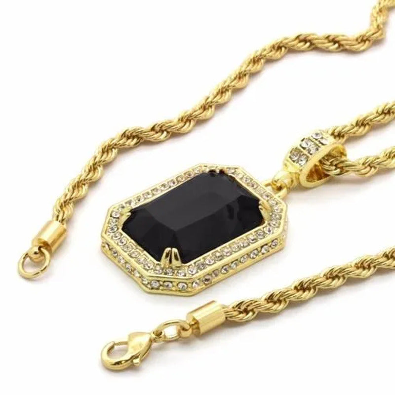 Mens Hip Hop 14K Gold Plated Simulated Black Ruby Pendant 24" 4Mm Rope Chain
