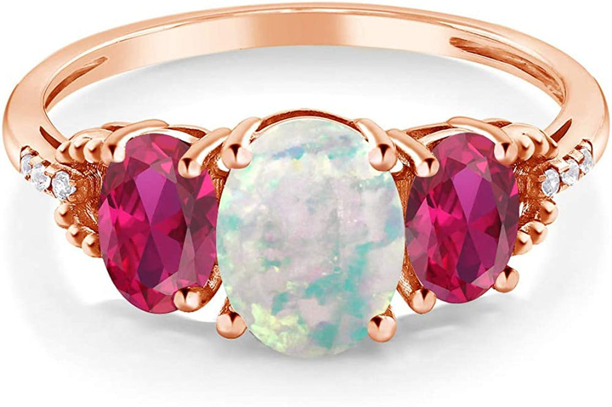 10K Rose Gold Cabochon Simulated Opal Created Ruby and Diamond Accent Women Ring