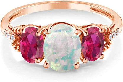 10K Rose Gold Cabochon Simulated Opal Created Ruby and Diamond Accent Women Ring
