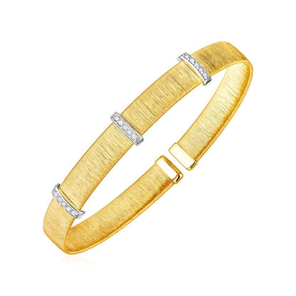 14K Two Tone Gold Two Toned Silk Textured Cuff Bangle with Diamonds