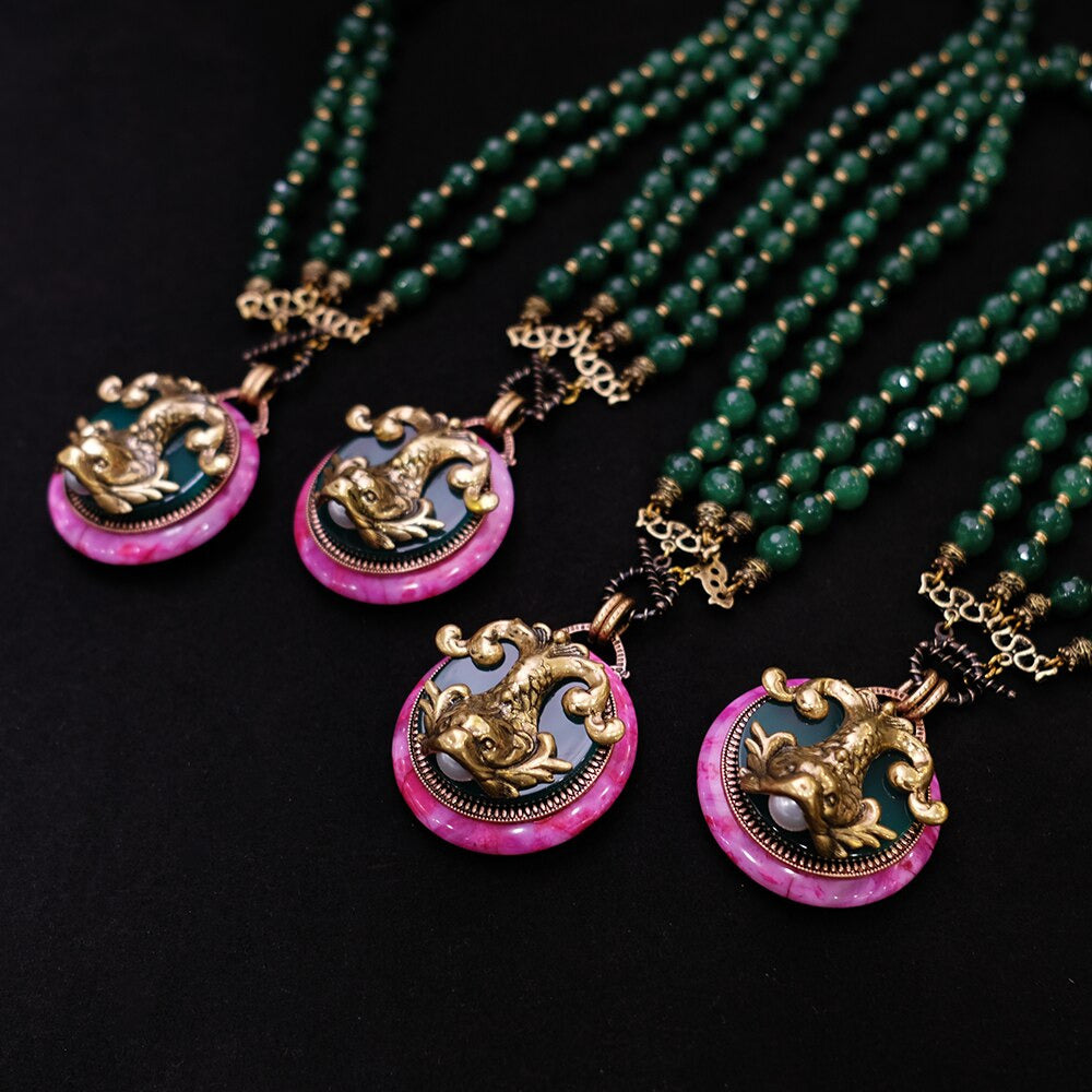 Vintage Fish Design Natural Stone Beads Agate Pearl Necklace