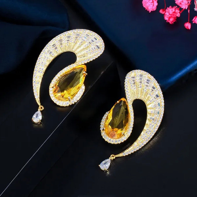 CANDICE Gorgeous 18K Gold Plated Inlay Pear Cut Citrine Stone Big Geometric Stud