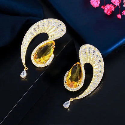 CANDICE Gorgeous 18K Gold Plated Inlay Pear Cut Citrine Stone Big Geometric Stud