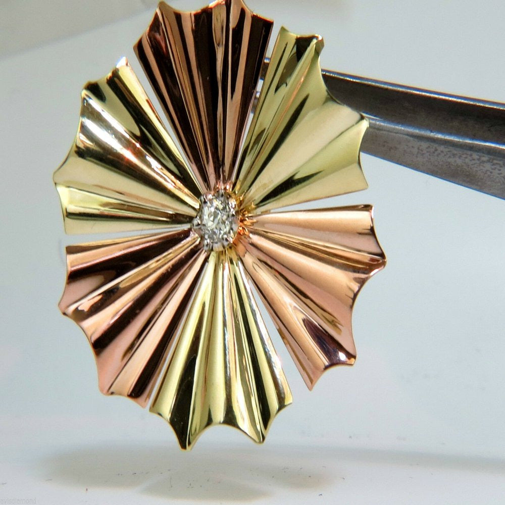 3D 14KT .30Ct DIAMOND 1970'S SUNBURST BROOCH PIN