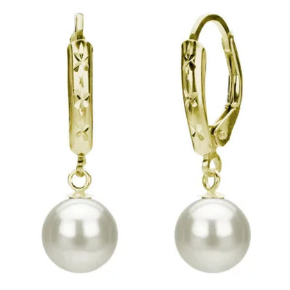 7-8Mm Freshwater Pearl Diamond Cut Leveback Earrings in 14K Yellow Gold