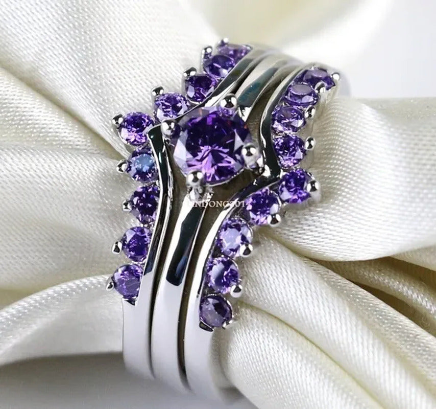Sz5-10 round 5Mm Amethyst 10Kt White Gold Filled Women'S Wedding Ring 3 in 1 Bri