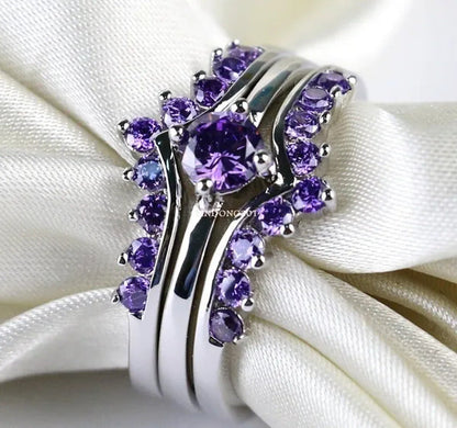 Sz5-10 round 5Mm Amethyst 10Kt White Gold Filled Women'S Wedding Ring 3 in 1 Bri