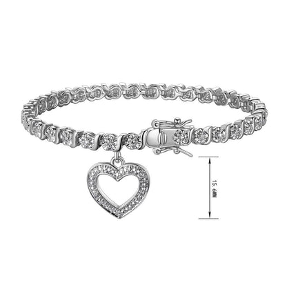 Rhodium Plated Diamond Accent Open Heart Charm Tennis Bracelet, 7.25"
