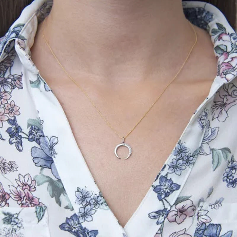 0.10 CT. T.W. Moon Double Horn Pendant Necklace in 14K Yellow Gold