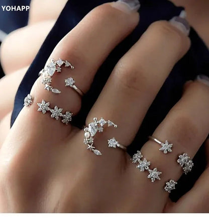 YOHAPP 5Pcs/Set Women Sterling Silver Boho Fashion Moon Diamond Ring Finger Knuc