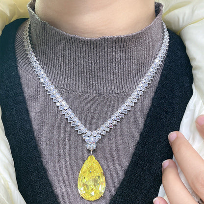 Pear-Shaped Yellow Diamond Necklace with Water Drop Zircon