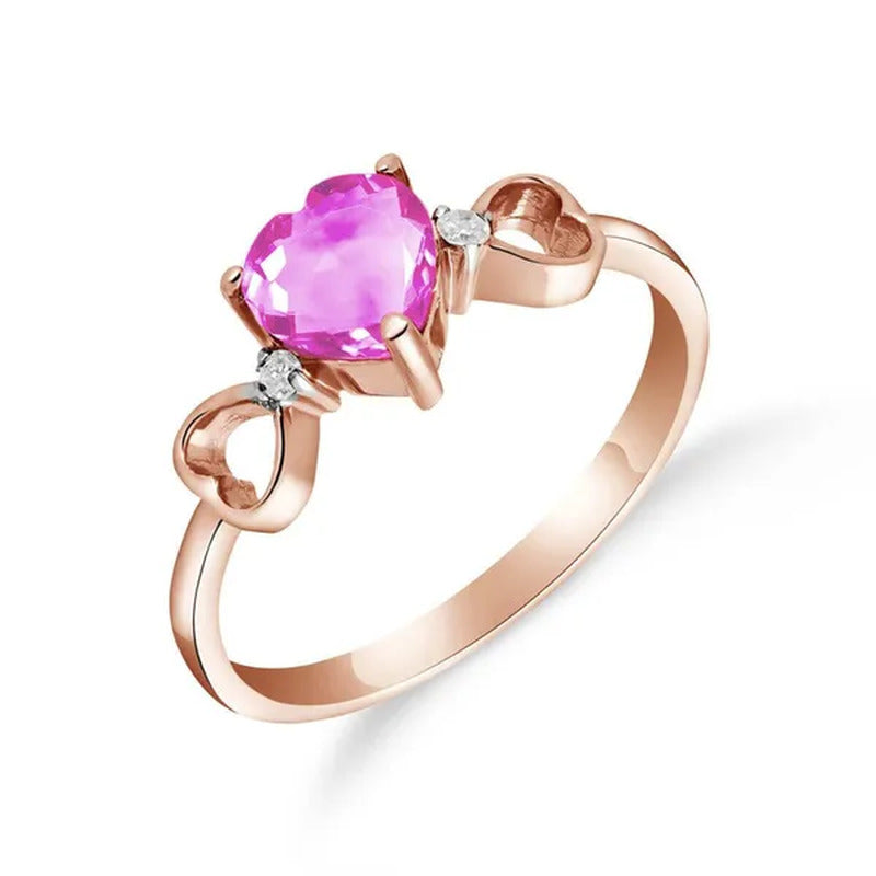 14K Rose Gold Ring with Heart-Shaped Pink Topaz and Diamonds