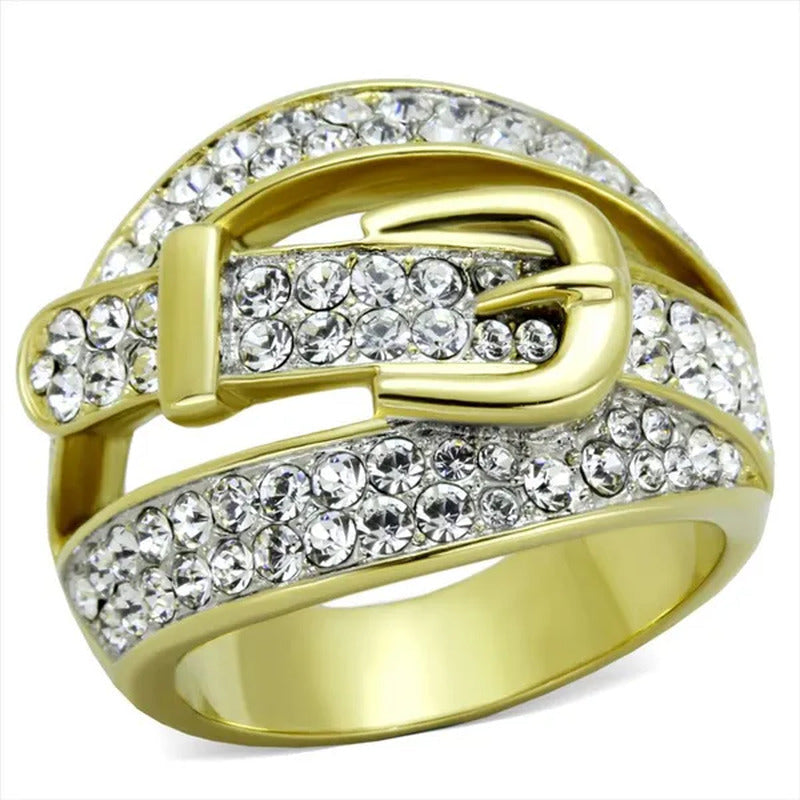 Women'S Stainless Steel 316 Gold Plated Crystal Buckle Cocktail Fashion Ring Siz
