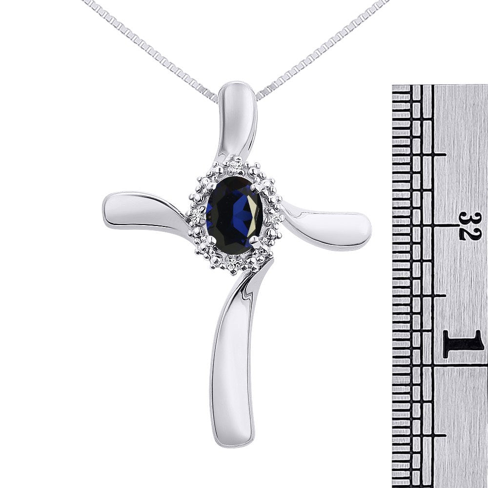 Diamond & Sapphire Cross Pendant Necklace Set in 14K White Gold with 18" Chain