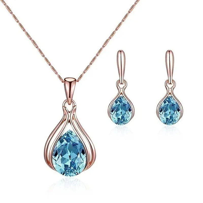 3PCS / Set New Luxury Design Luxury Wedding Pendant Earrings Rose Gold Green Blu