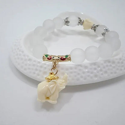 Elephant Frosted White Quartz Crystal Bead Bracelet Buddhism Elephant Pendant