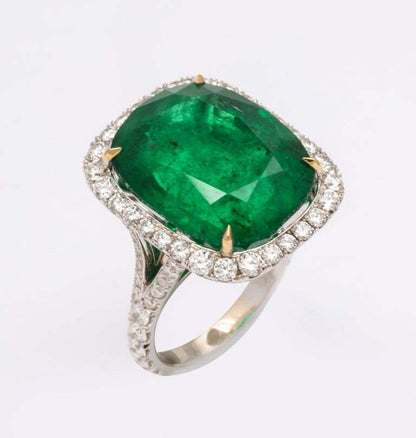 Cushion Cut Vivid Green Emerald and Diamond Ring
