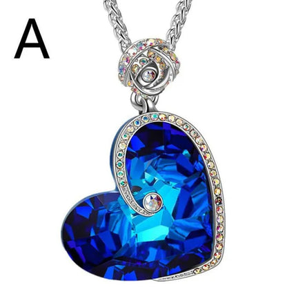 Fashion Heart Blue Crystal Necklace Double Layer Rose Zircon Pendant Engagement