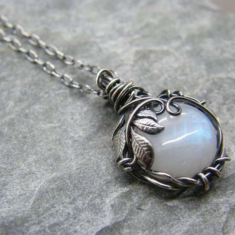 Vintage Opal Necklace Silver Plated Leaf Moonstone Necklace Wedding Engagement A