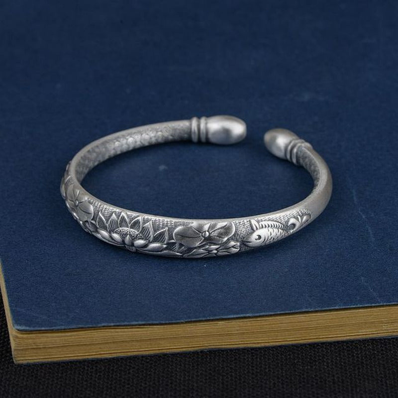 Tibetan Six Words Mantra Vintage Silver Bangles for Women Openable Fish Lotus Bu