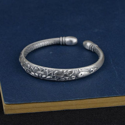 Tibetan Six Words Mantra Vintage Silver Bangles for Women Openable Fish Lotus Bu