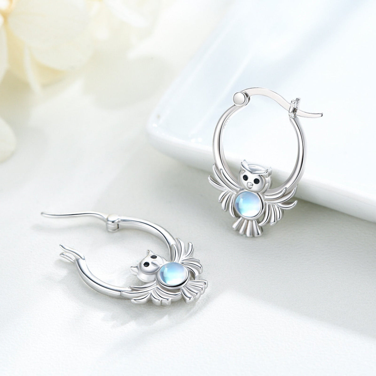 Moonstone Owl Hoop Earrings 925 Sterling Silver Owl Huggie Hoop Earrings Moonsto