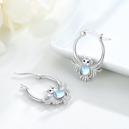 Moonstone Owl Hoop Earrings 925 Sterling Silver Owl Huggie Hoop Earrings Moonsto